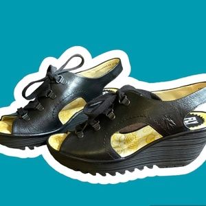 FLY London Leather Lace-Up Black Wedge Sandals Sz 39- 8 or 8.5 US
